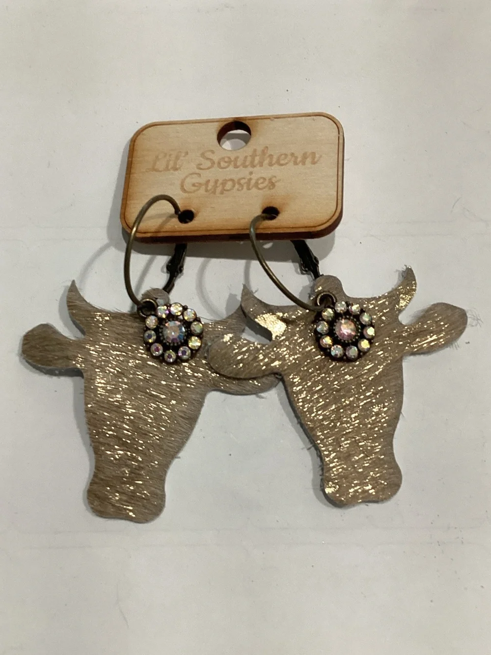 Gold Longhorn Dangle Earrings with Rhinestone Accent
